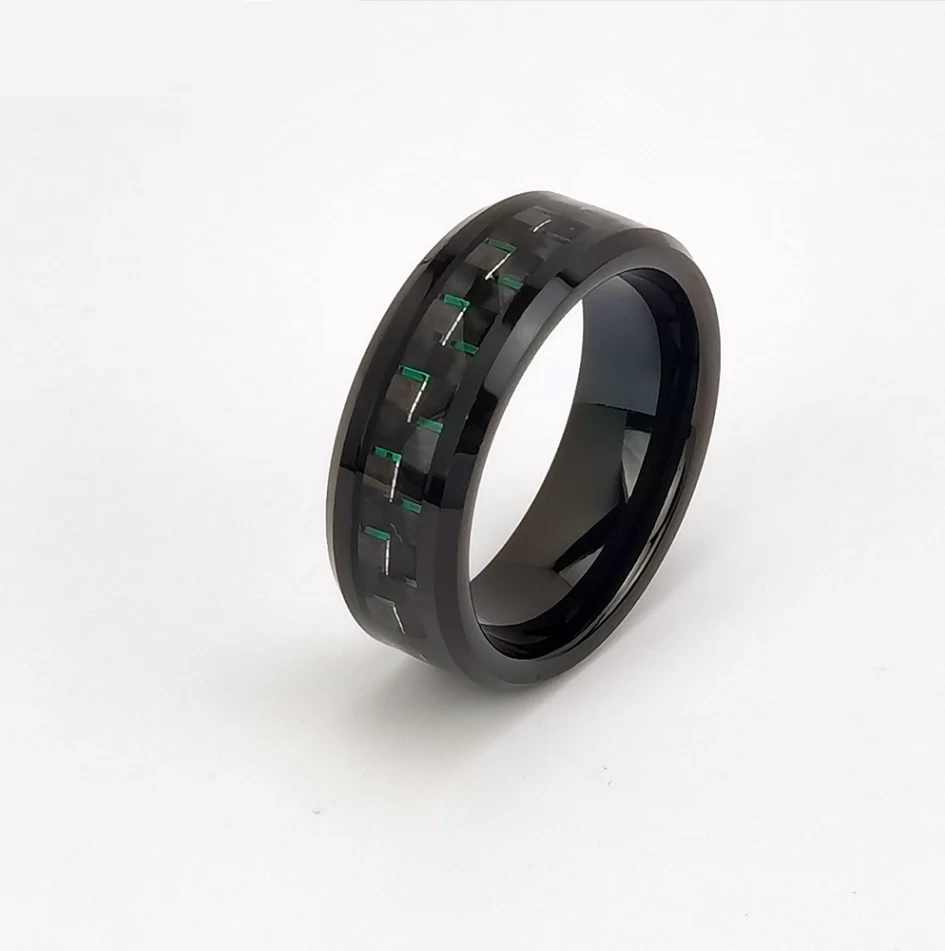 Tungsten Ring in Stock Popular 8mm High polished Black Plating Men's Flat Beveled Edges Tungsten Carbide Ring with Black and Green Carbon Fiber Inlay China Manufacturer