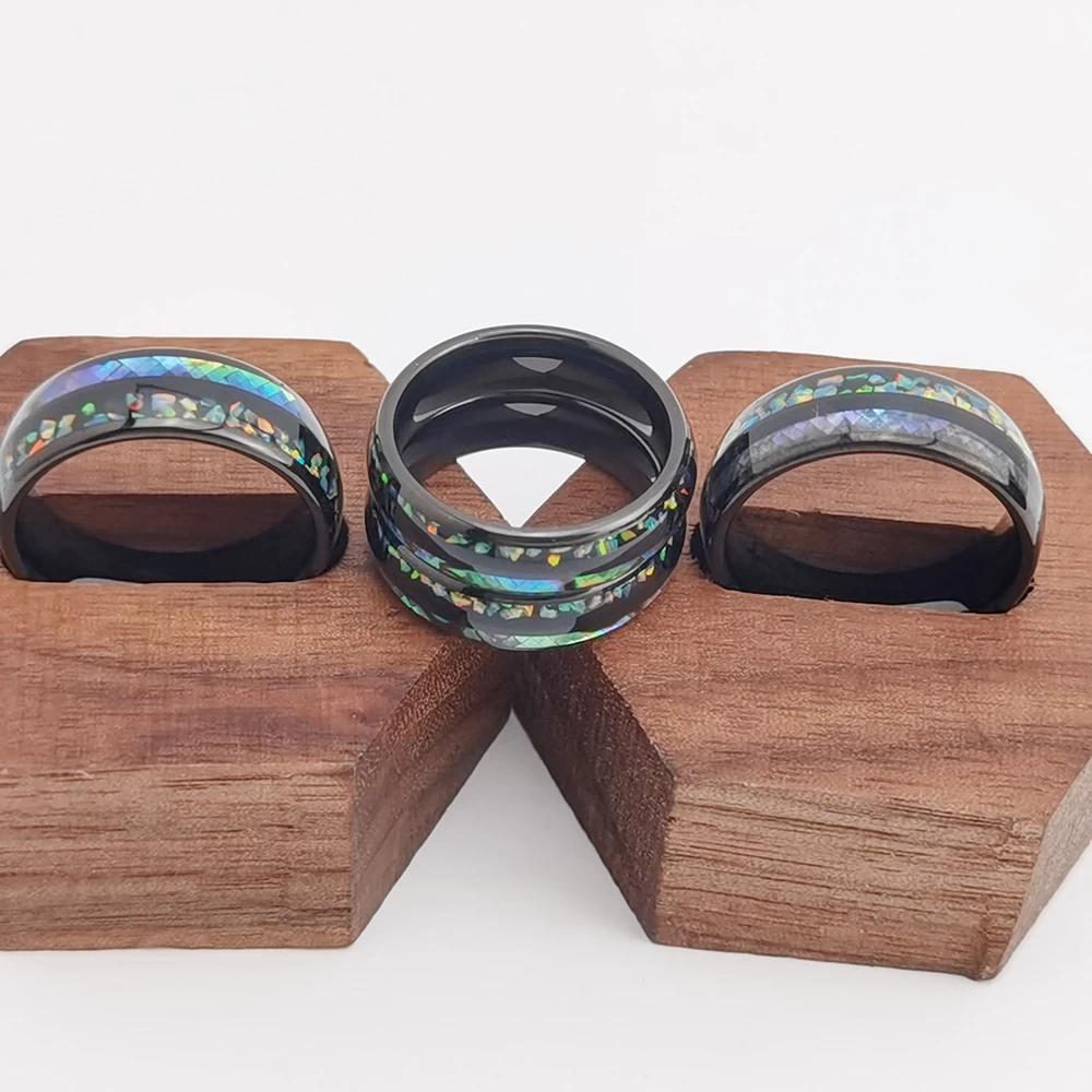 Tungsten Ring in Stock Popular 8mm High polished Domed Black Tungsten Ring with Opal and Ablone Shell Inlay China Supplier