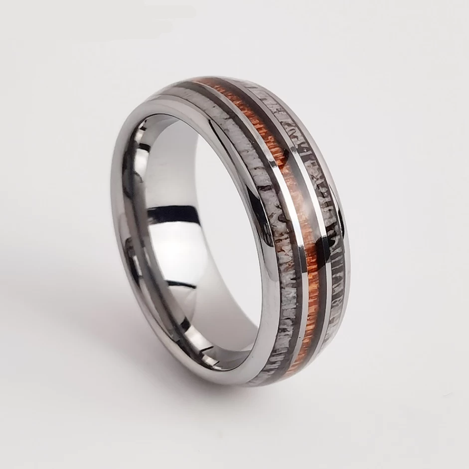 Wolframring mit niedrigem MOQ auf Lager Beliebte 8 mm hochglanzpolierte gewölbte Wolfram-Eheringe mit Holz- und Geweiheinlage China-Lieferant