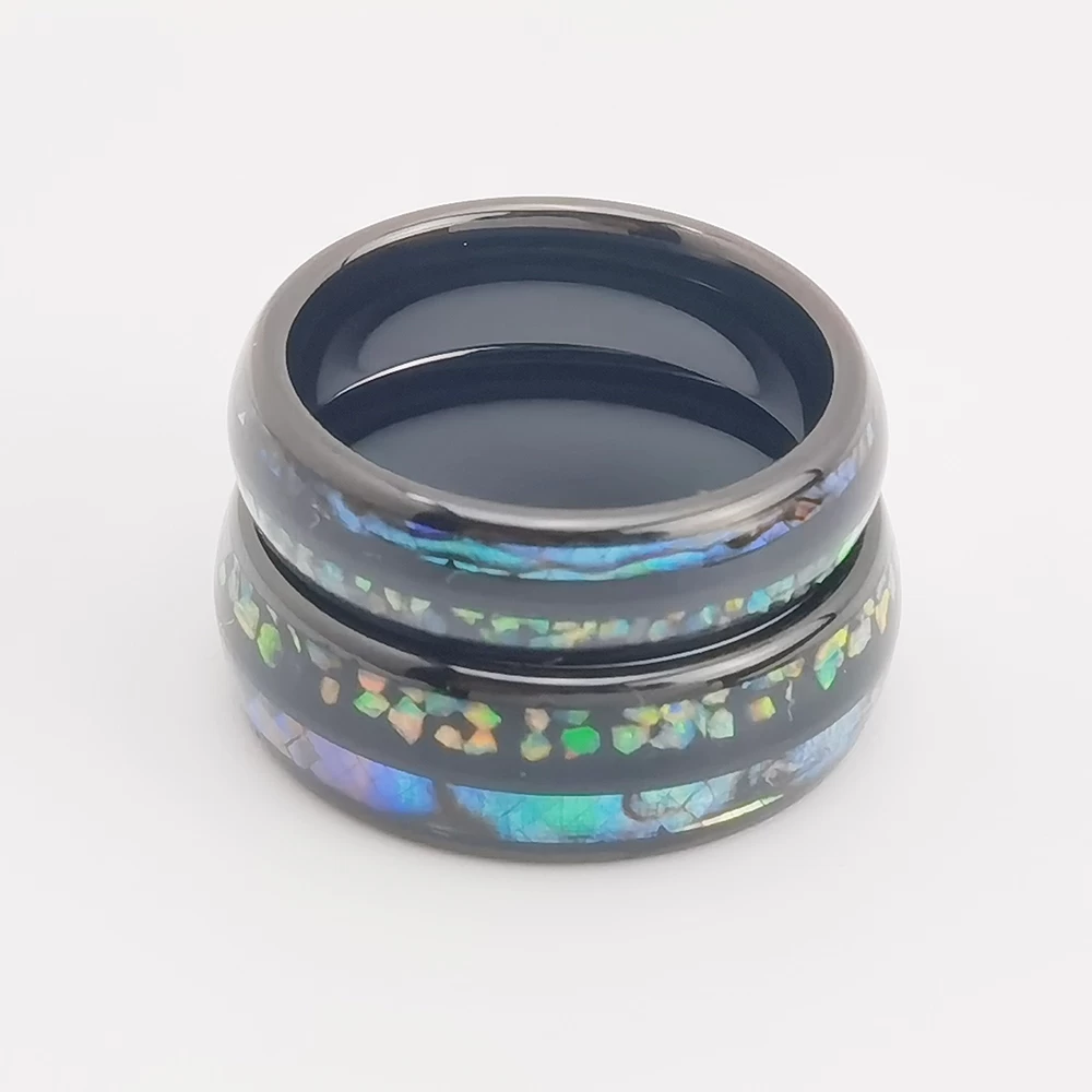 Tungsten Ring in Stock Popular 8mm High polished Domed Black Tungsten Ring with Opal and Ablone Shell Inlay China Supplier