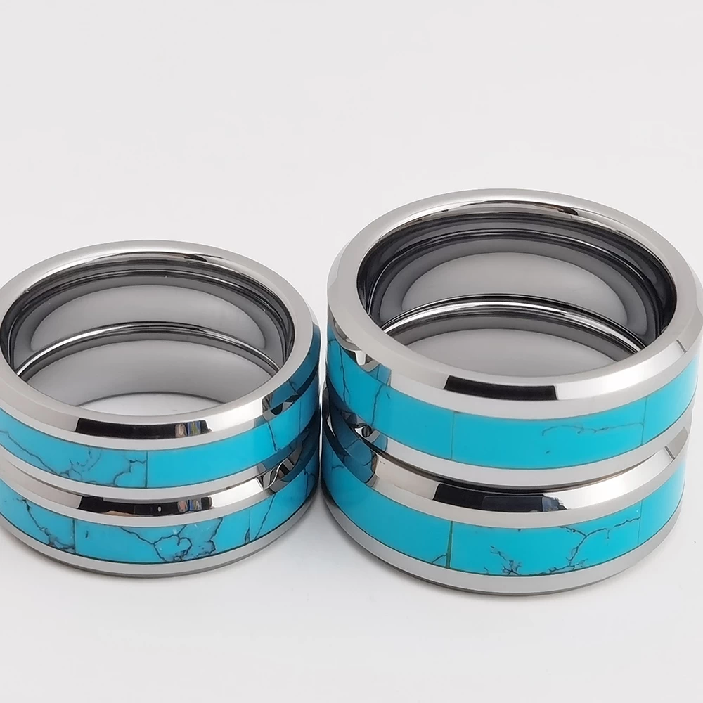 Wolfram-Ring auf Lager Beliebter 8 mm hochglanzpolierter Silber-Herren-Wolframcarbid-Ring mit flachen abgeschrägten Kanten und türkisfarbenem Inlay China-Hersteller