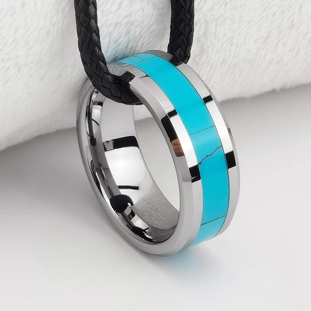 Wolfram-Ring auf Lager Beliebter 8 mm hochglanzpolierter Silber-Herren-Wolframcarbid-Ring mit flachen abgeschrägten Kanten und türkisfarbenem Inlay China-Hersteller