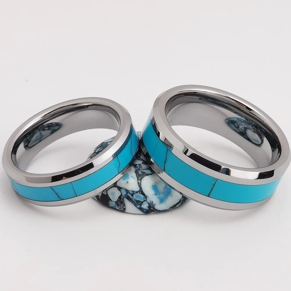 Wolfram-Ring auf Lager Beliebter 8 mm hochglanzpolierter Silber-Herren-Wolframcarbid-Ring mit flachen abgeschrägten Kanten und türkisfarbenem Inlay China-Hersteller