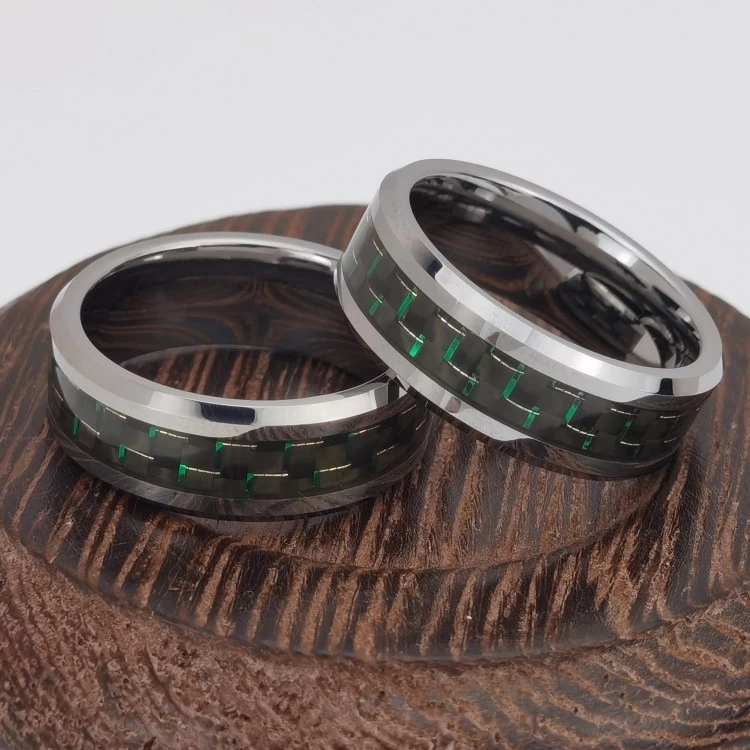 Tungsten Ring in Stock Popular 8mm High polished Silver Men's Flat Beveled Edges Tungsten Carbide Ring with Black and Green Carbon Fiber Inlay China Manufacturer