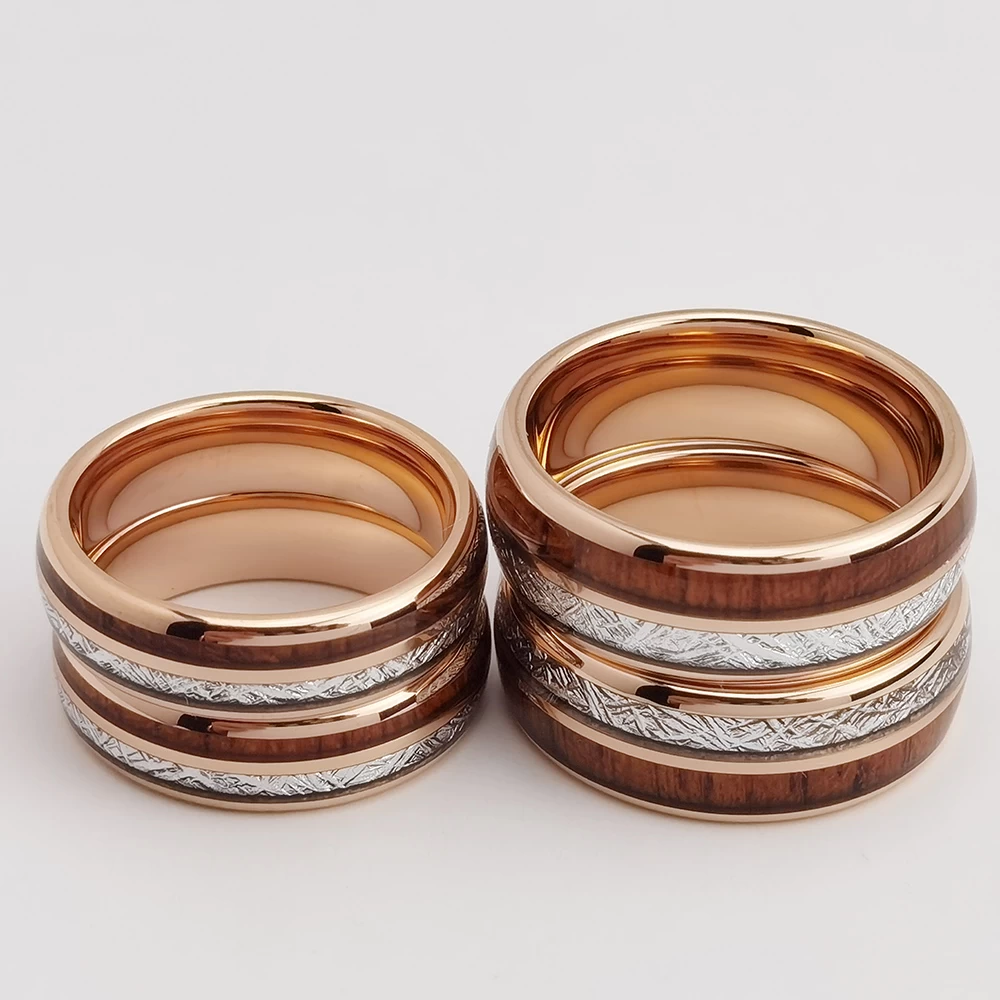 Tungsten Ring in Stock Popular 8mm High polished Rose Gold Men's Domed Tungsten Carbide Ring with Meteorite and Wood Inlay China Manufacturer
