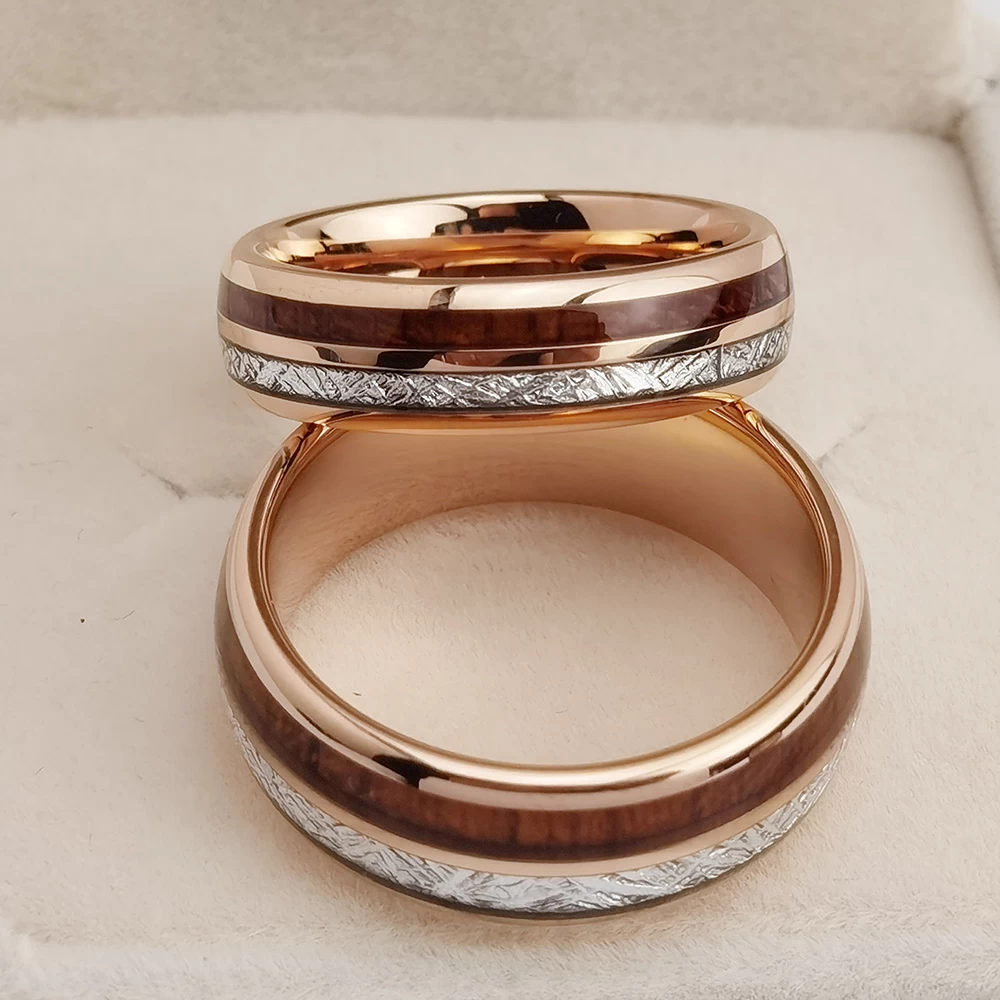 Tungsten Ring in Stock Popular 8mm High polished Rose Gold Men's Domed Tungsten Carbide Ring with Meteorite and Wood Inlay China Manufacturer