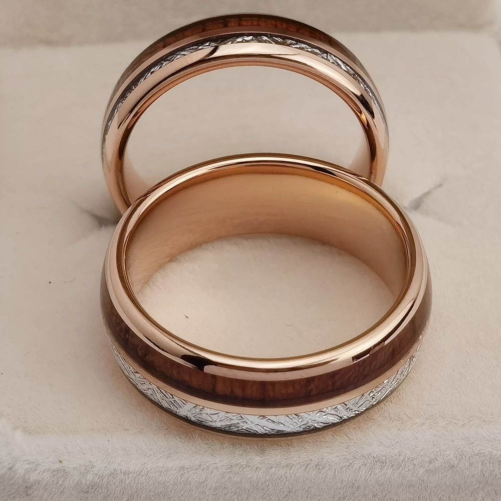 Tungsten Ring in Stock Popular 8mm High polished Rose Gold Men's Domed Tungsten Carbide Ring with Meteorite and Wood Inlay China Manufacturer