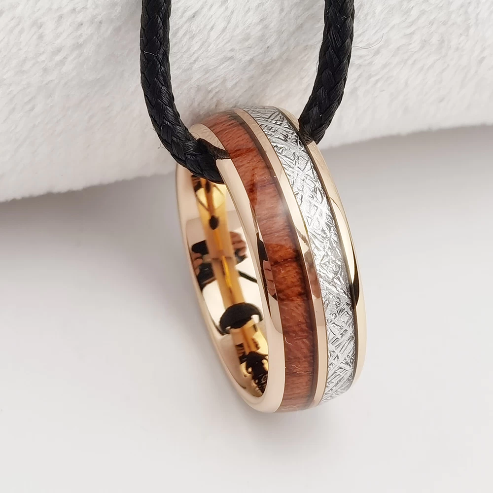Tungsten Ring in Stock Popular 8mm High polished Rose Gold Men's Domed Tungsten Carbide Ring with Meteorite and Wood Inlay China Manufacturer