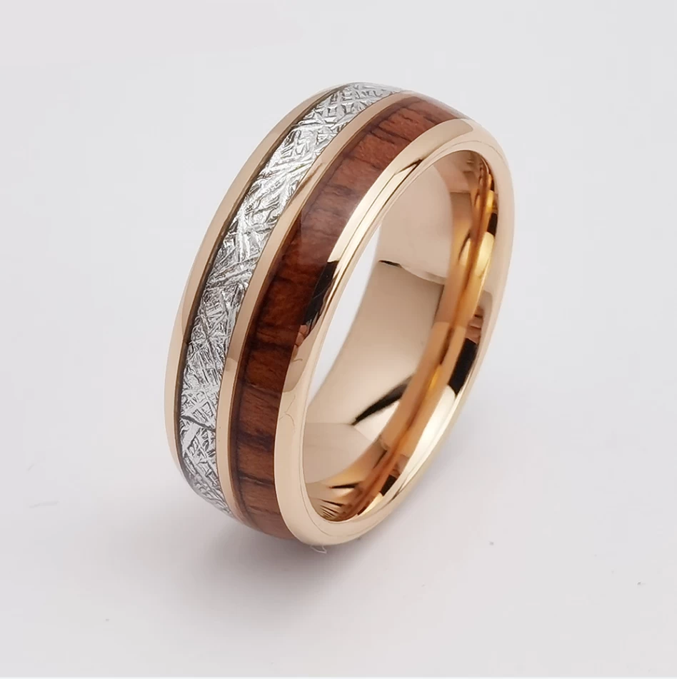 Tungsten Ring in Stock Popular 8mm High polished Rose Gold Men's Domed Tungsten Carbide Ring with Meteorite and Wood Inlay China Manufacturer