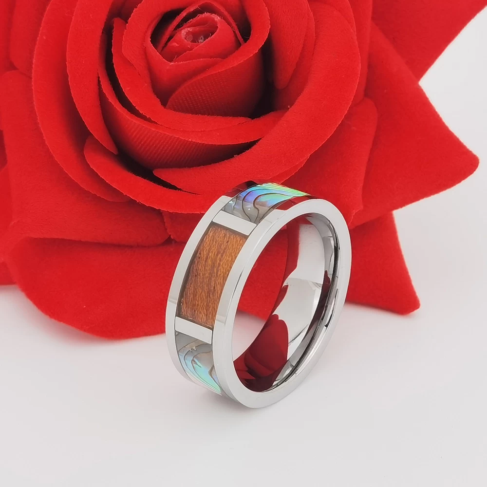 Wolfram-Ring auf Lager Beliebter 8 mm hochglanzpolierter Silber-Herren-Flach-Wolframkarbid-Ring mit Muschel und Holzeinlage China-Lieferant