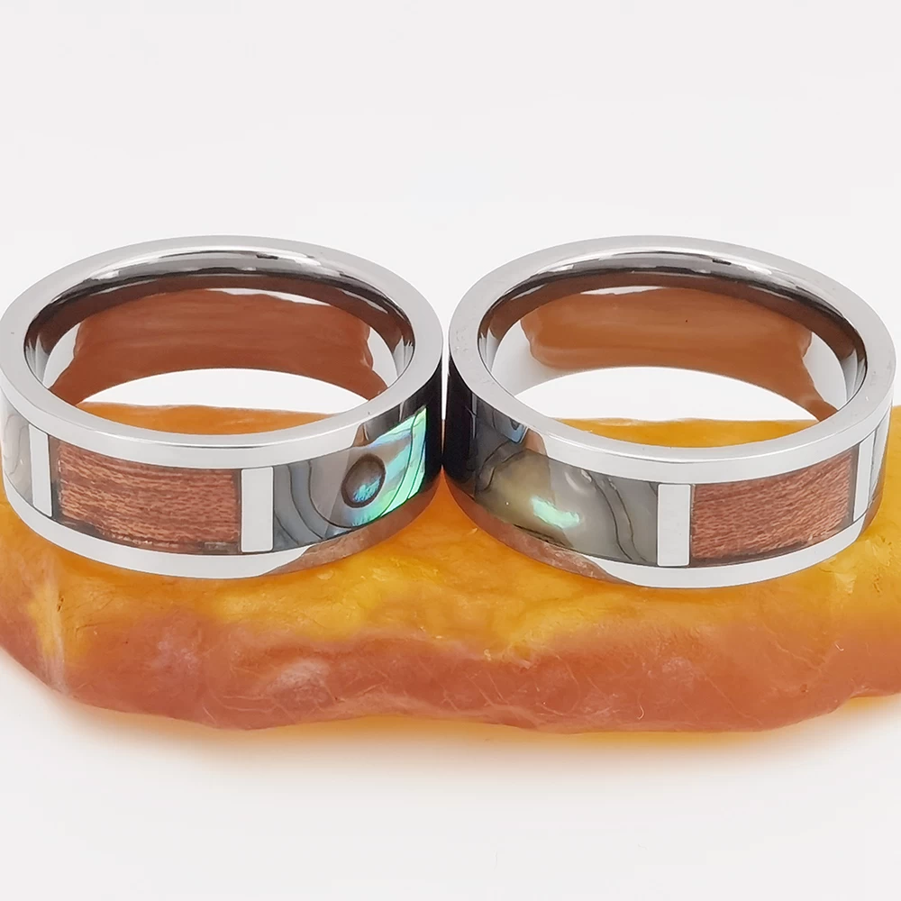 Wolfram-Ring auf Lager Beliebter 8 mm hochglanzpolierter Silber-Herren-Flach-Wolframkarbid-Ring mit Muschel und Holzeinlage China-Lieferant