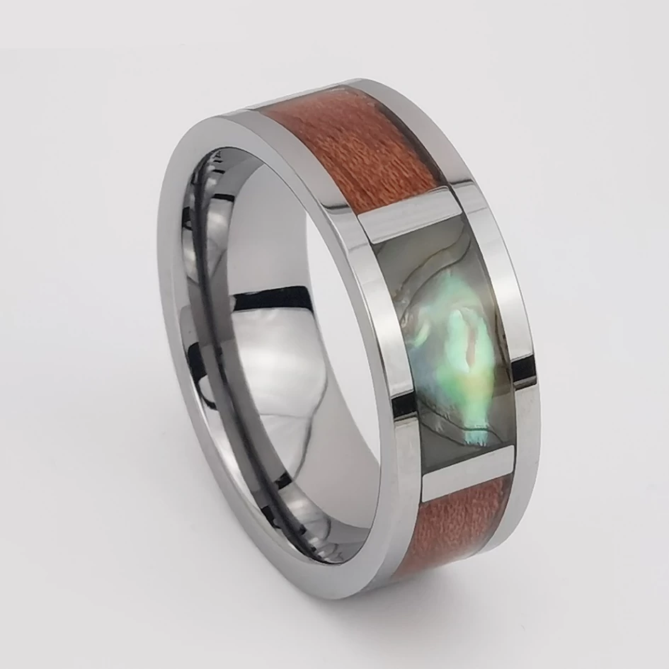 Wolfram-Ring auf Lager Beliebter 8 mm hochglanzpolierter Silber-Herren-Flach-Wolframkarbid-Ring mit Muschel und Holzeinlage China-Lieferant