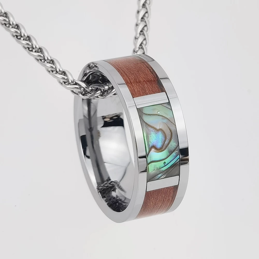 Wolfram-Ring auf Lager Beliebter 8 mm hochglanzpolierter Silber-Herren-Flach-Wolframkarbid-Ring mit Muschel und Holzeinlage China-Lieferant