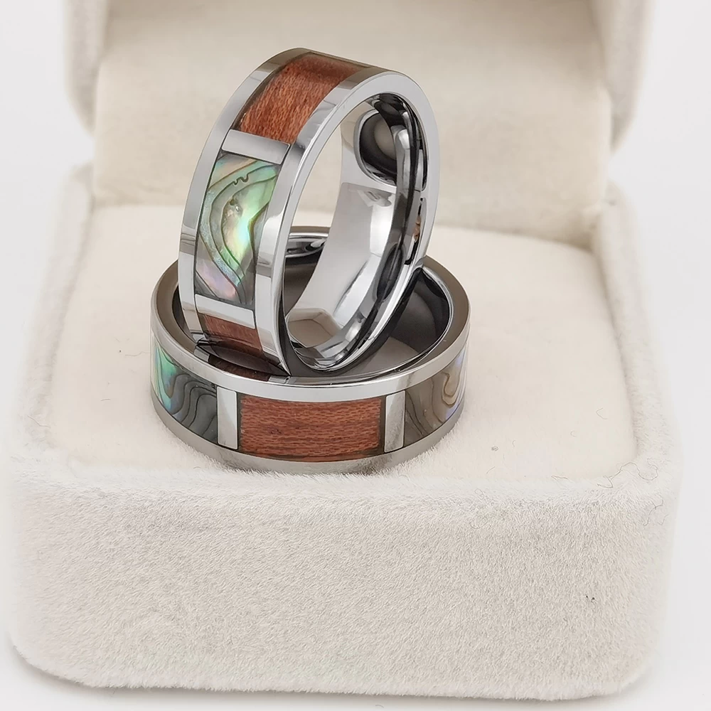 Wolfram-Ring auf Lager Beliebter 8 mm hochglanzpolierter Silber-Herren-Flach-Wolframkarbid-Ring mit Muschel und Holzeinlage China-Lieferant