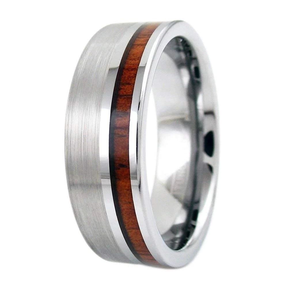 Bague en tungstène en stock Bague en carbure de tungstène plat pour hommes en argent poli et brossé de 8 mm avec incrustation de bois Chine Fournisseur
