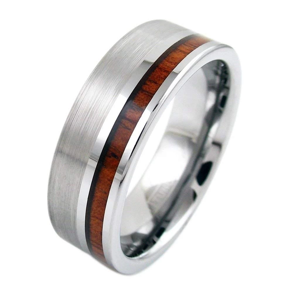 Bague en tungstène en stock Bague en carbure de tungstène plat pour hommes en argent poli et brossé de 8 mm avec incrustation de bois Chine Fournisseur