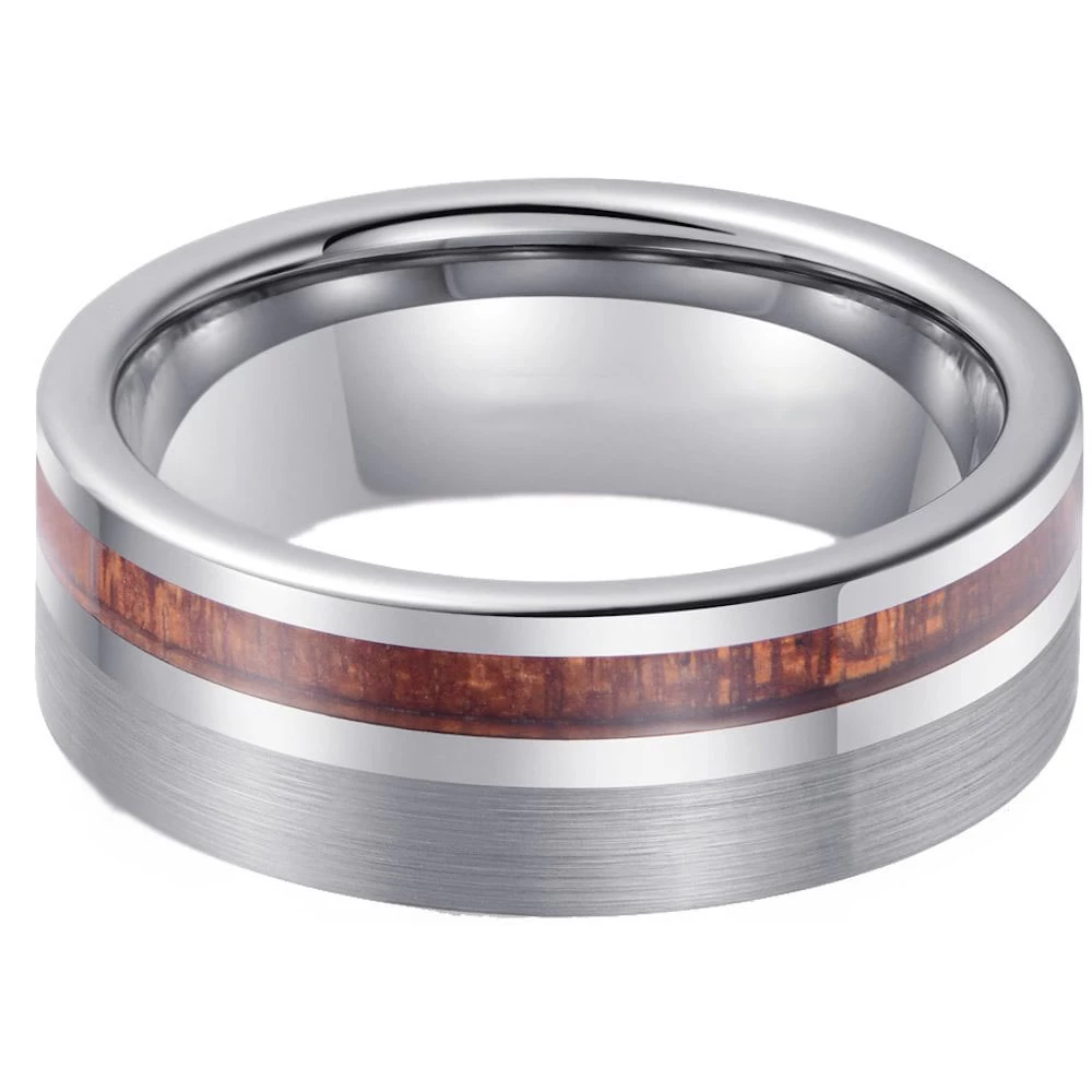 Bague en tungstène en stock Bague en carbure de tungstène plat pour hommes en argent poli et brossé de 8 mm avec incrustation de bois Chine Fournisseur