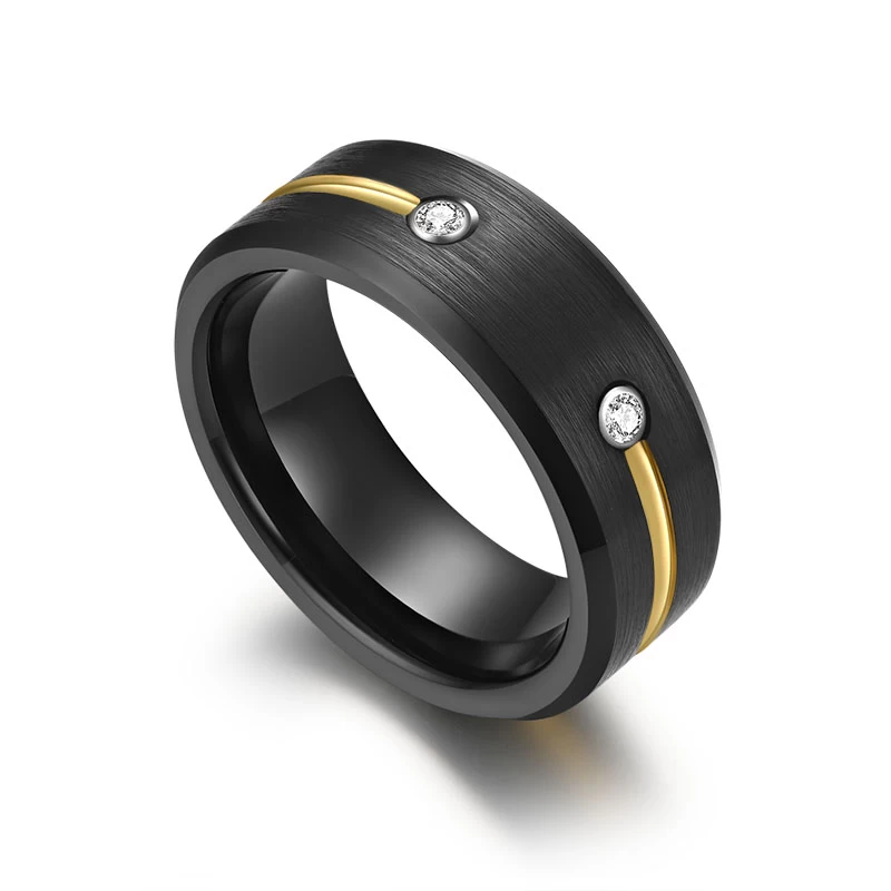 Chine Bagues assorties en carbure de tungstène pour elle et lui Bagues de couple en tungstène de 8 mm Bords plats et biseautés Bague en carbure de tungstène noir brossé avec demi-cercle de ligne dorée avec deux pierres CZ blanches Fabricants