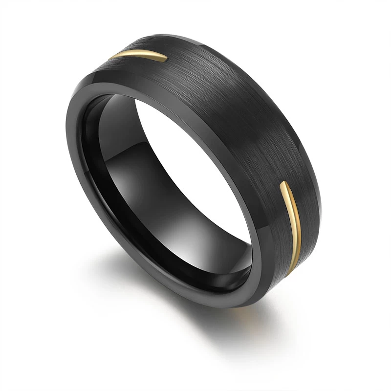 Chine Bagues assorties en carbure de tungstène pour elle et lui Bagues de couple en tungstène de 8 mm Bords plats et biseautés Bague en carbure de tungstène noir brossé avec demi-cercle de ligne dorée avec deux pierres CZ blanches Fabricants