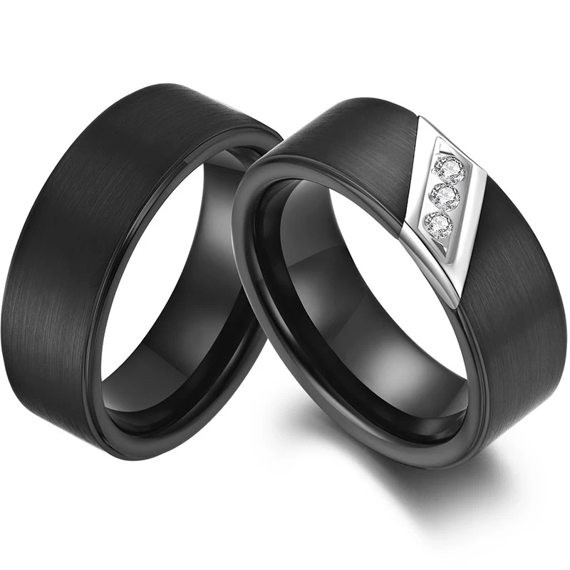 His and Hers Matching Tungsten Carbide Rings 8mm Tungsten Couple Rings Flat Brushed Black Tungsten Carbide Ring with White CZ Stones China Manufacturer
