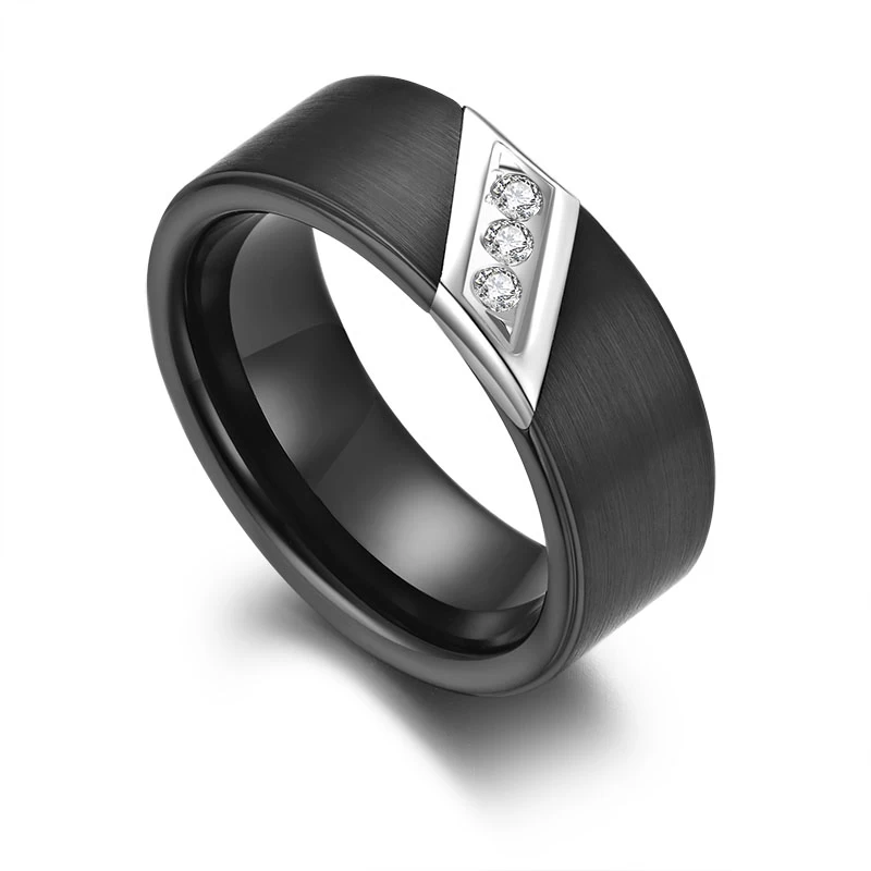 His and Hers Matching Tungsten Carbide Rings 8mm Tungsten Couple Rings Flat Brushed Black Tungsten Carbide Ring with White CZ Stones China Manufacturer