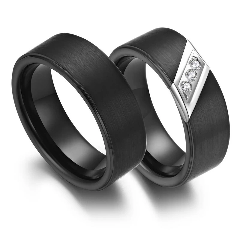 His and Hers Matching Tungsten Carbide Rings 8mm Tungsten Couple Rings Flat Brushed Black Tungsten Carbide Ring with White CZ Stones China Manufacturer