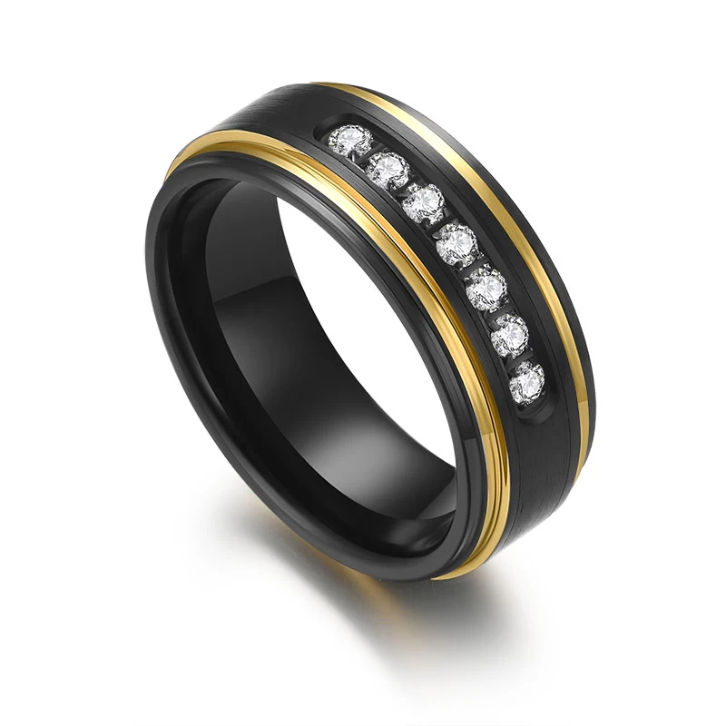 Passende Wolframcarbid-Ringe für Sie und Ihn 8 mm Wolfram-Paarringe Flache und abgestufte Kanten Schwarzer und goldener Wolframcarbid-Ring mit 7 CZ-Steinen China-Hersteller