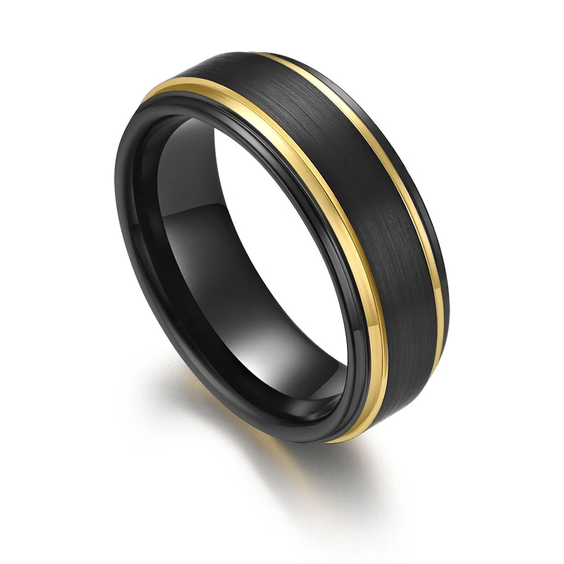 Passende Wolframcarbid-Ringe für Sie und Ihn 8 mm Wolfram-Paarringe Flache und abgestufte Kanten Schwarzer und goldener Wolframcarbid-Ring mit 7 CZ-Steinen China-Hersteller