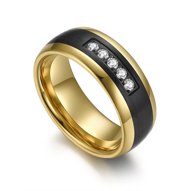 His and Hers Matching Tungsten Carbide Rings 8mm Tungsten Couple Rings Domed Gold and Black Tungsten Carbide Ring with White CZ Stones China Manufacturer
