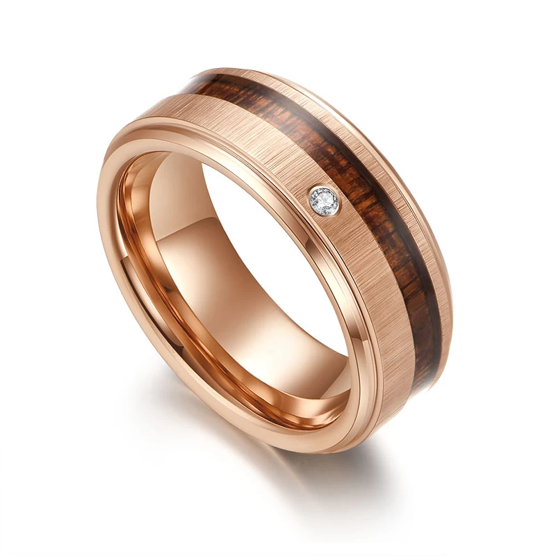 Bagues en carbure de tungstène assorties pour lui et pour elle Bague en carbure de tungstène brossé en or rose de 8 mm avec bois et pierre blanche CZ Fournisseur de la Chine