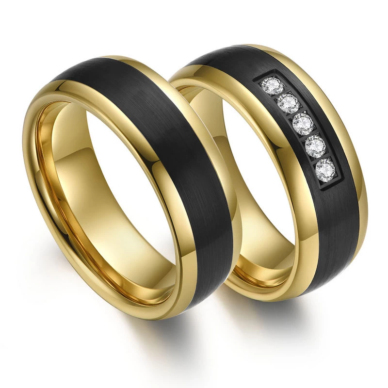His and Hers Matching Tungsten Carbide Rings 8mm Tungsten Couple Rings Domed Gold and Black Tungsten Carbide Ring with White CZ Stones China Manufacturer