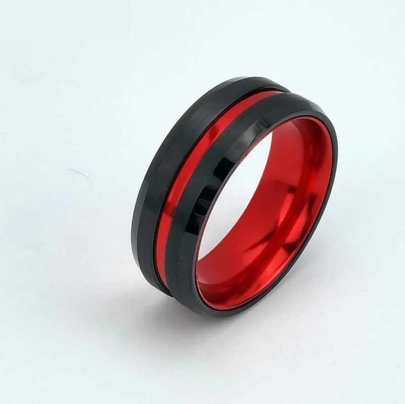 Tungsten Ring in Stock Popular 8mm High polished and Brushed Flat and Beveled Edges Black Tungsten Carbide And Red Aluminium Ring China Manufacturer