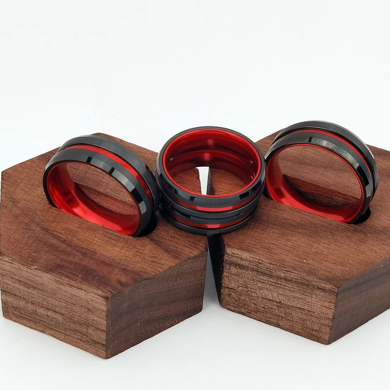 Tungsten Ring in Stock Popular 8mm High polished and Brushed Flat and Beveled Edges Black Tungsten Carbide And Red Aluminium Ring China Manufacturer