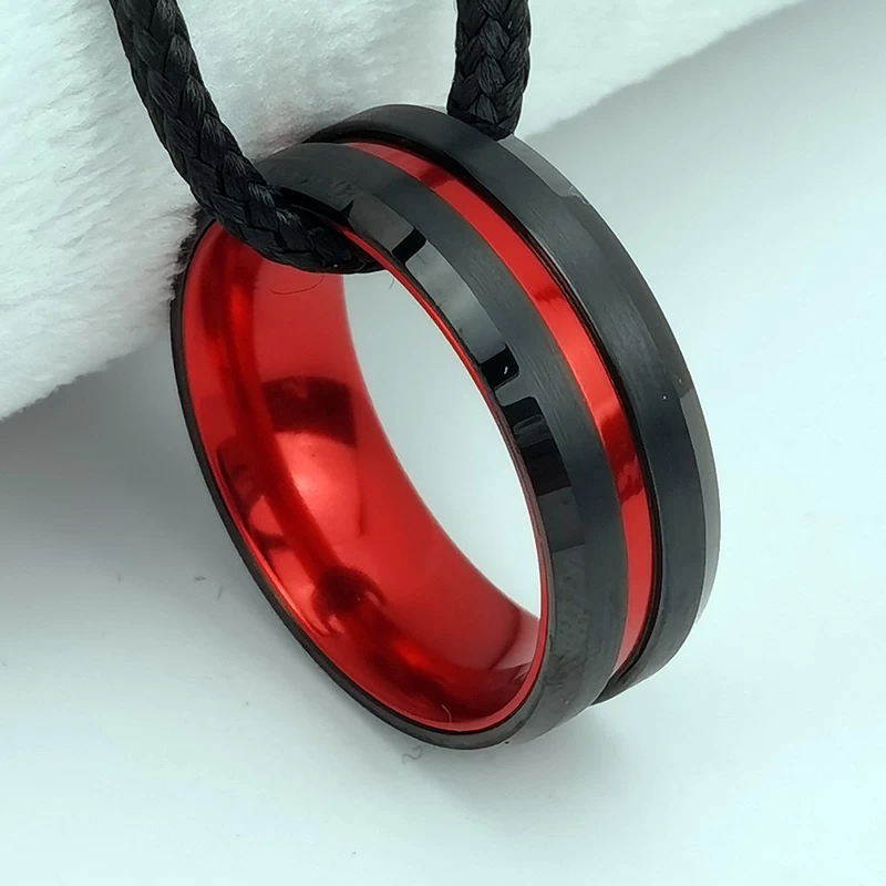 Tungsten Ring in Stock Popular 8mm High polished and Brushed Flat and Beveled Edges Black Tungsten Carbide And Red Aluminium Ring China Manufacturer
