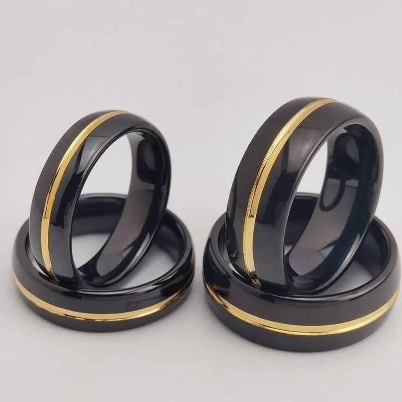 Wolframring auf Lager Beliebter 6 mm und 8 mm hochglanzpolierter gewölbter schwarzer Wolframkarbidring mit Gold Line China Hersteller