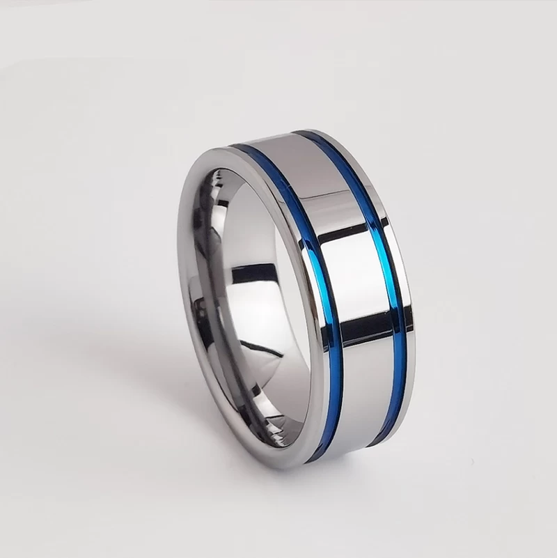 Chine Anneau de tungstène en stock Anneau populaire en carbure de tungstène plat poli de 8 mm avec deux lignes bleues Fabricants