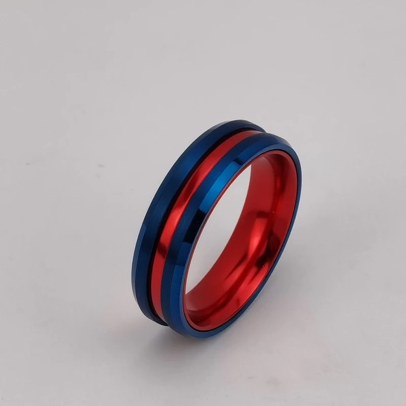 Tungsten Ring in Stock Popular 8mm High polished and Brushed Flat and Beveled Edges Blue Tungsten Carbide And Red Aluminium Ring China Manufacturer