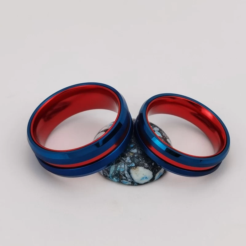 Tungsten Ring in Stock Popular 8mm High polished and Brushed Flat and Beveled Edges Blue Tungsten Carbide And Red Aluminium Ring China Manufacturer
