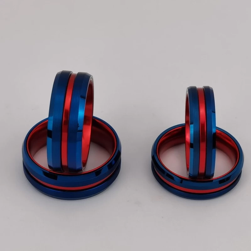 Tungsten Ring in Stock Popular 8mm High polished and Brushed Flat and Beveled Edges Blue Tungsten Carbide And Red Aluminium Ring China Manufacturer