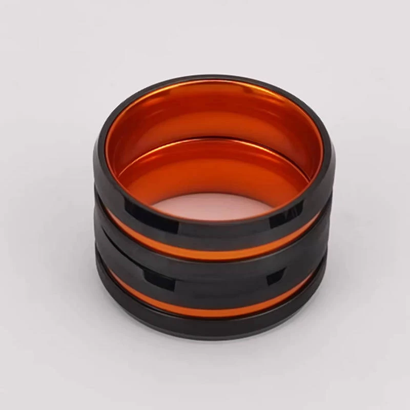 Anello di tungsteno in stock Popolare 8mm Alto lucido e spazzolato Bordi piatti e smussati Anello in carburo di tungsteno nero e alluminio arancione Produttori cinesi