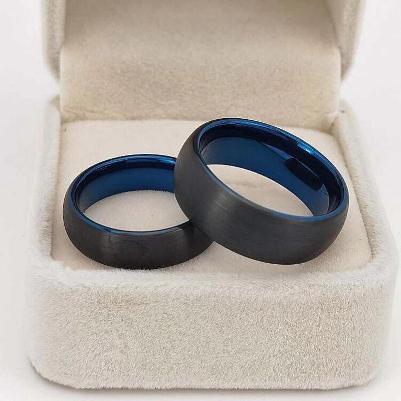 Tungsten Ring in Stock Popular 8mm Domed Brushed Black and Blue Tungsten Carbide Ring Two Toned Men's Wedding Bands China Manufacturer