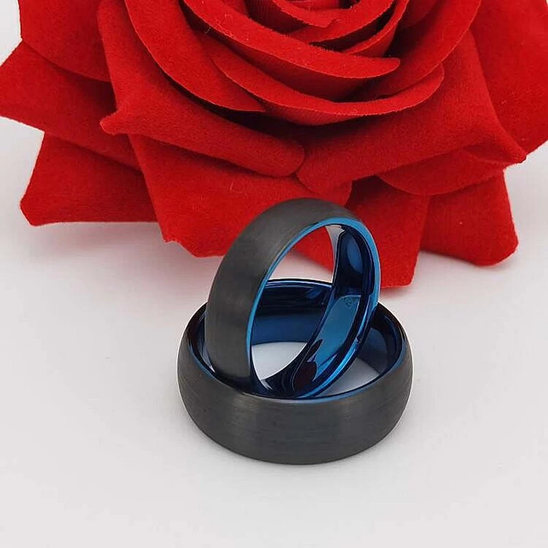 Tungsten Ring in Stock Popular 8mm Domed Brushed Black and Blue Tungsten Carbide Ring Two Toned Men's Wedding Bands China Manufacturer