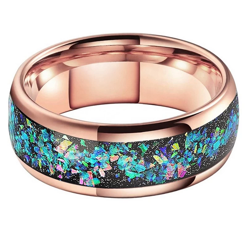 Cina Design unico moderno Design unico Anello in tungsteno Galaxy da 8 mm Fedi nuziali in tungsteno da uomo lucide in oro rosa Fedi nuziali in carburo di tungsteno con pietra arenaria nera e intarsio opale Cina Produttore