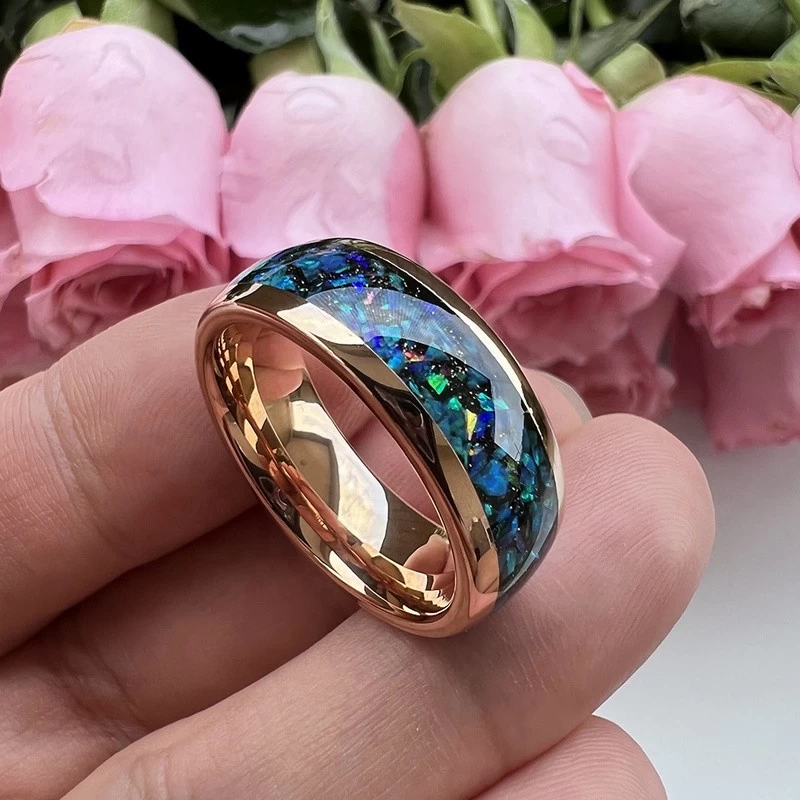 Cina Design unico moderno Design unico Anello in tungsteno Galaxy da 8 mm Fedi nuziali in tungsteno da uomo lucide in oro rosa Fedi nuziali in carburo di tungsteno con pietra arenaria nera e intarsio opale Cina Produttore