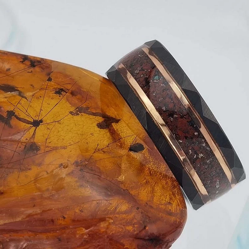 High Quality and Affordable Mens Wedding Bands 8mm Flat and Hammered Black and Rose Gold Tungsten Carbide Ring with Black Sandstone and Gemstone Malachite and Tiger's-eye Inlay China Manufacturer