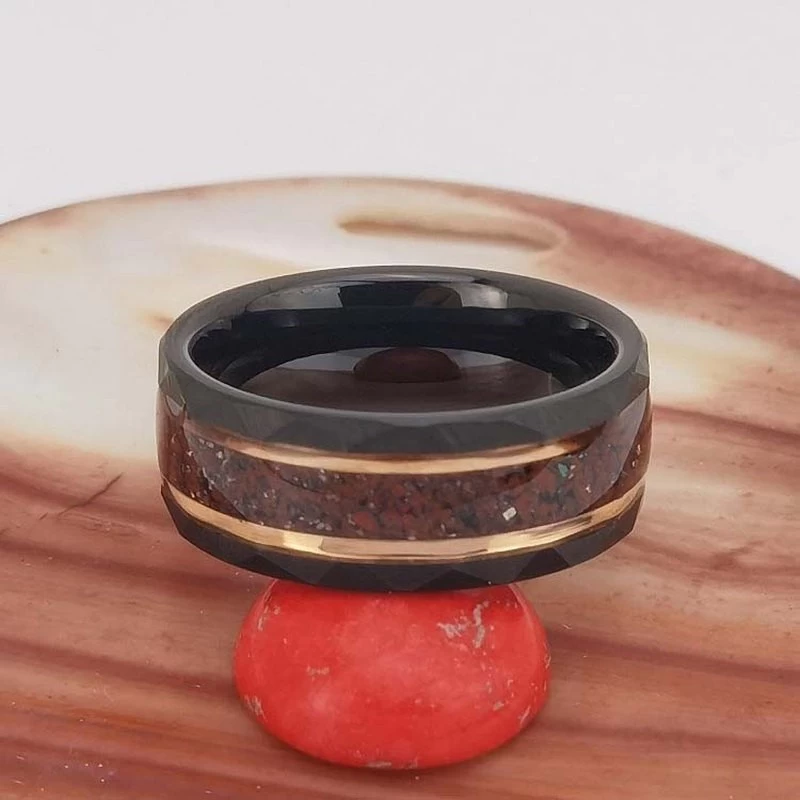 High Quality and Affordable Mens Wedding Bands 8mm Flat and Hammered Black and Rose Gold Tungsten Carbide Ring with Black Sandstone and Gemstone Malachite and Tiger's-eye Inlay China Manufacturer