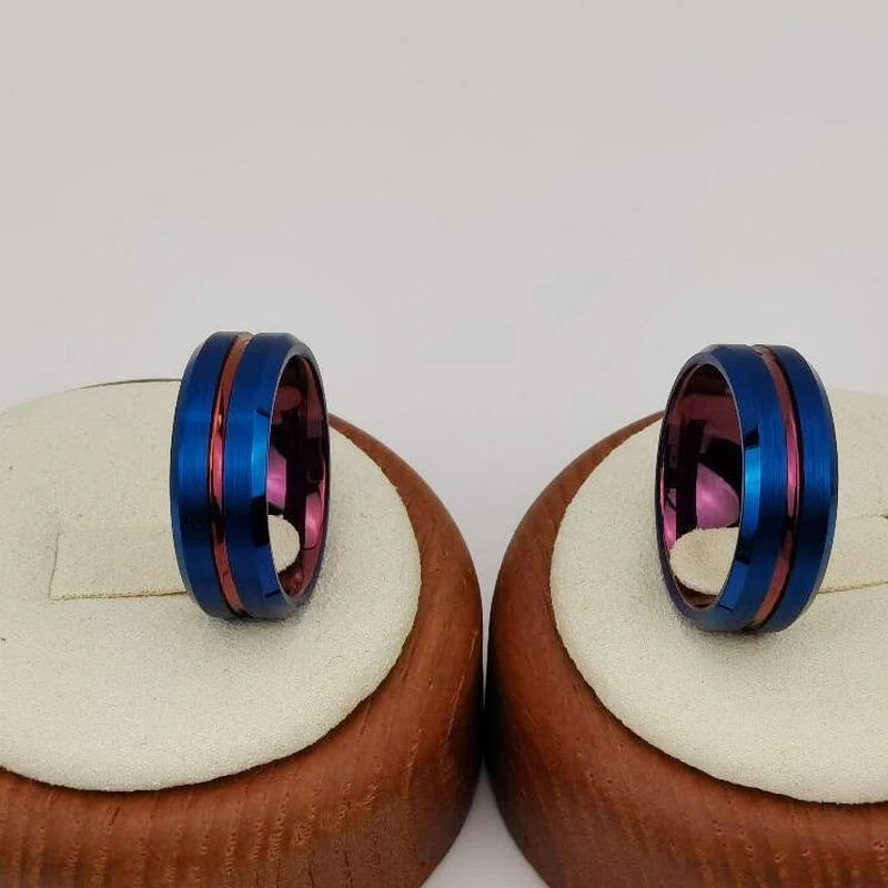 High Quality and Affordable Mens Wedding Bands 8mm Blue and Purple Flat and Beveled Edges Tungsten Carbide Ring China Manufacturer