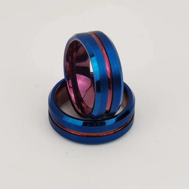 High Quality and Affordable Mens Wedding Bands 8mm Blue and Purple Flat and Beveled Edges Tungsten Carbide Ring China Manufacturer