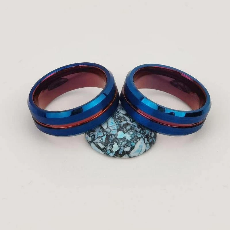 High Quality and Affordable Mens Wedding Bands 8mm Blue and Purple Flat and Beveled Edges Tungsten Carbide Ring China Manufacturer