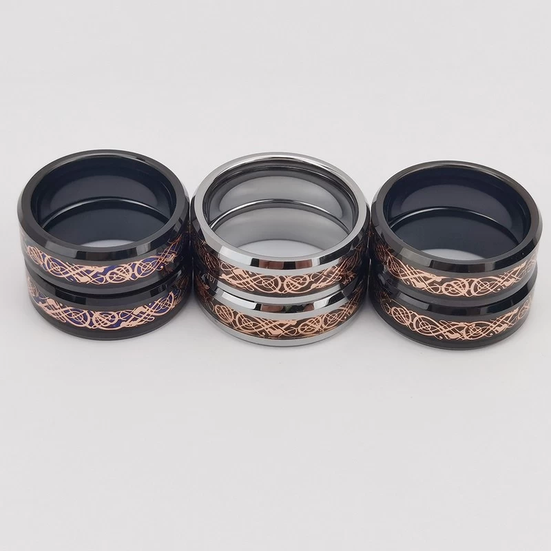 Tungsten Ring in Stock 8mm High polished Flat and Beveled Edges Black Tungsten Carbide Ring Inlay with Rose Gold Dragon and Black Background China Manufacturer